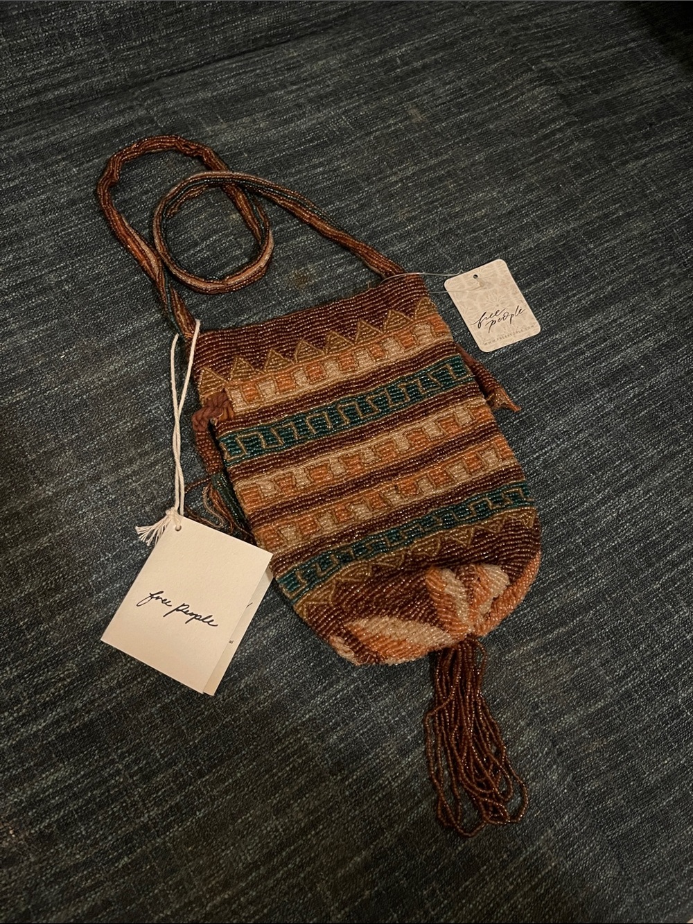 Free People Brown Multicolor Beaded Shoulder Small Bag with Tassel Boho Western